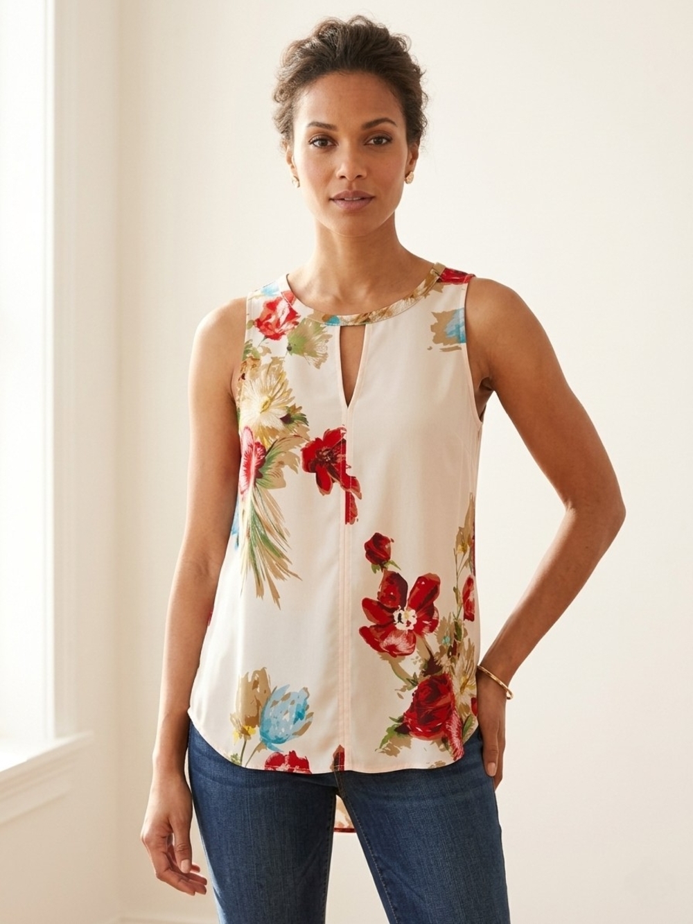 Pleione Cream Floral Keyhole Tank with Red and Blue Accents